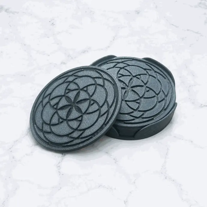 Coaster Set with Mandala Design grooved in with Coaster Holder Size 4 inches for Dining Areas or Office Spaces (Round Shape, Pack of 6)