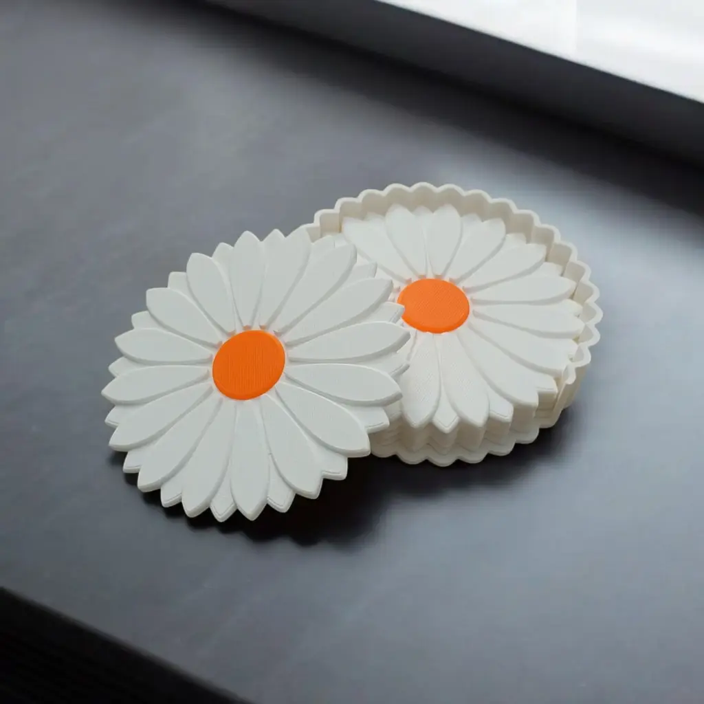 Daisy Bloom Coaster Set with Coordinating Holder, Size 4 inches for Dining Areas or Office Spaces (Pack of 6)