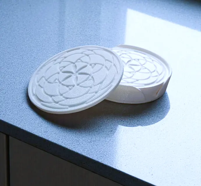 Coaster Set with Mandala Design grooved in with Side Cutout Coaster Holder Size 4 inches for Dining Areas or Office Spaces (Round Shape, Pack of 6)