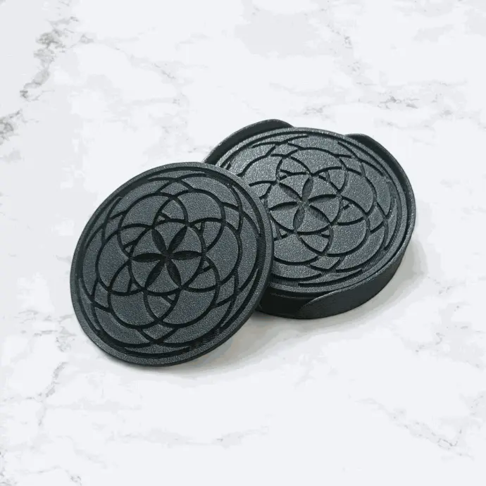 Coaster Set with Mandala Design grooved in with Side Cutout Coaster Holder Size 4 inches for Dining Areas or Office Spaces (Round Shape, Pack of 6)