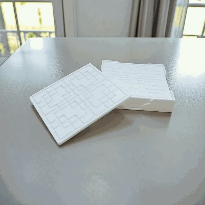 Coaster Set with Traditional Square Art grooved in with Coaster Holder Size 4 inches by 4 inches in Sides for Dining Areas or Office Spaces (Square Shape, Pack of 6)