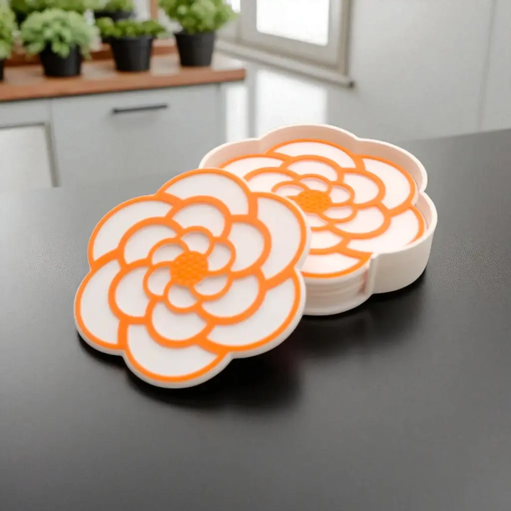 Daisy Floral Coaster Set with Coordinating Holder, Size 4 inches for Dining Areas or Office Spaces (Pack of 6)