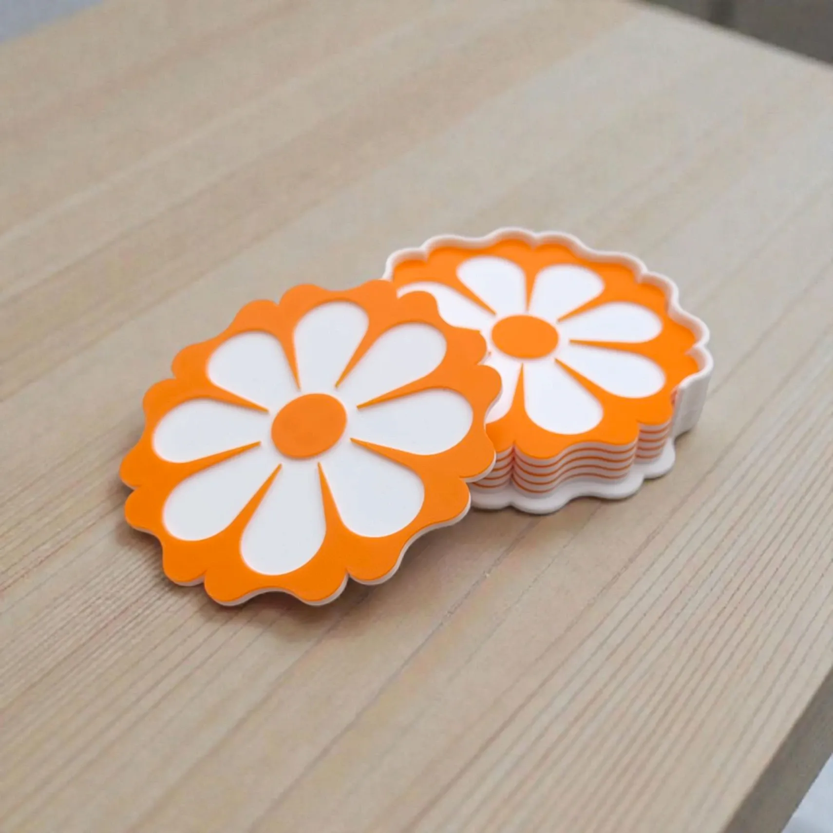 Retro Flower Coaster Set with coordinating holder, size 4 inches for Dining areas or office spaces (Pack of 6)