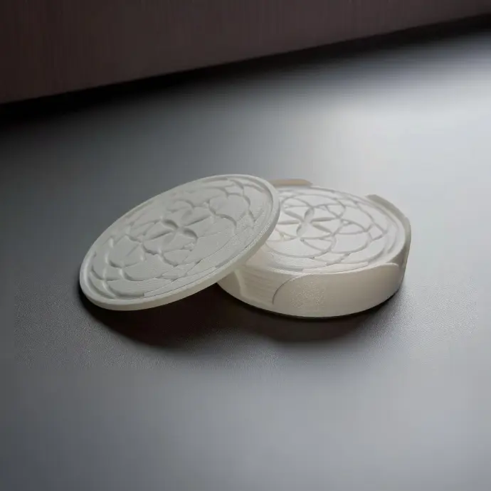 Coaster Set with Mandala Design grooved in with Coaster Holder Size 4 inches for Dining Areas or Office Spaces (Round Shape, Pack of 6)