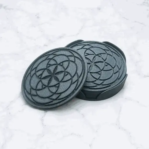 Coaster Set with Mandala Design grooved in with Coaster Holder Size 4 inches for Dining Areas or Office Spaces (Round Shape, Pack of 6)