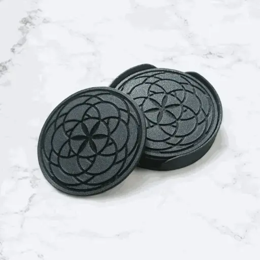 Coaster Set with Mandala Design grooved in with Side Cutout Coaster Holder Size 4 inches for Dining Areas or Office Spaces (Round Shape, Pack of 6)