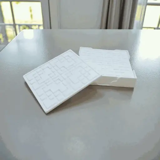 Coaster Set with Traditional Square Art grooved in with Coaster Holder Size 4 inches by 4 inches in Sides for Dining Areas or Office Spaces (Square Shape, Pack of 6)