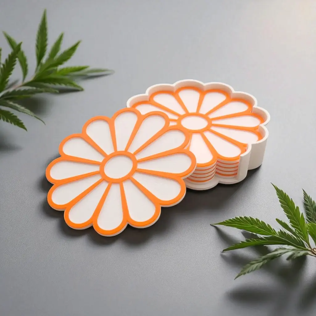 Daisy Flower Coaster Set with Coordinating Holder, Size 4 inches for Dining Areas or Office Spaces (Pack of 6)